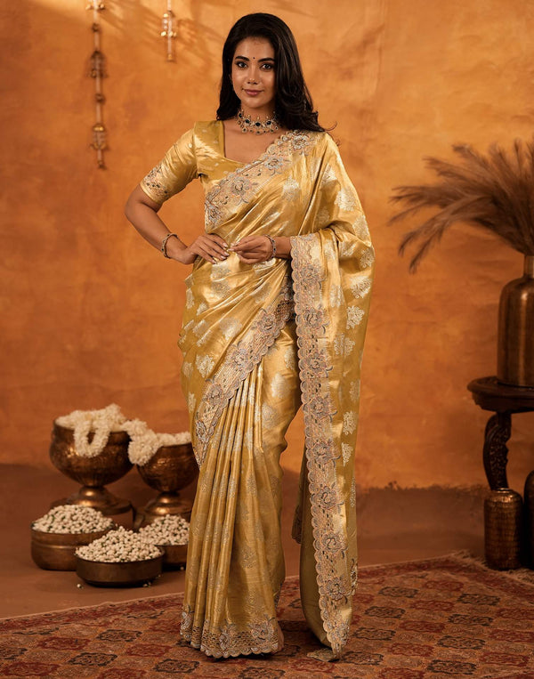 Light Mustard Silk Woven Embroidery Stone Work Banarasi Saree