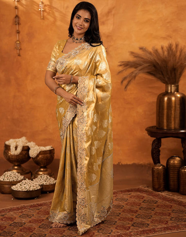 Light Mustard Silk Woven Embroidery Stone Work Banarasi Saree