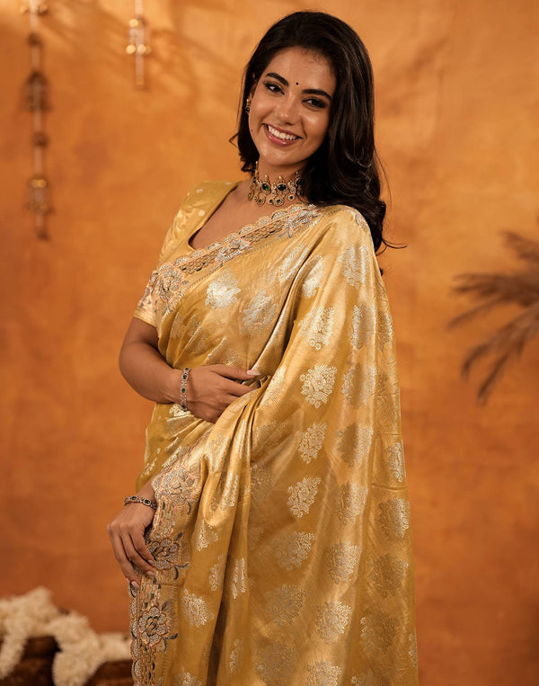Light Mustard Silk Woven Embroidery Stone Work Banarasi Saree