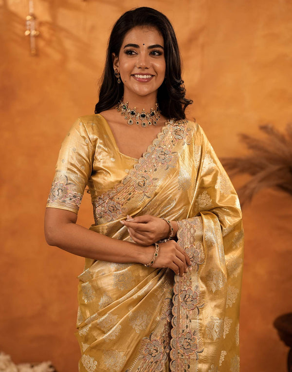 Light Mustard Silk Woven Embroidery Stone Work Banarasi Saree