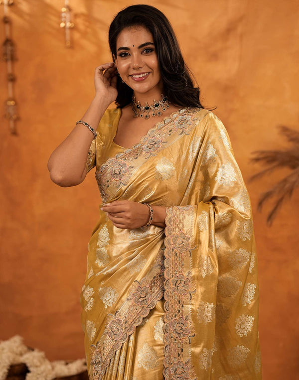 Light Mustard Silk Woven Embroidery Stone Work Banarasi Saree