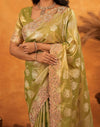 Pista Green Silk Woven Embroidery Stone Work Banarasi Saree