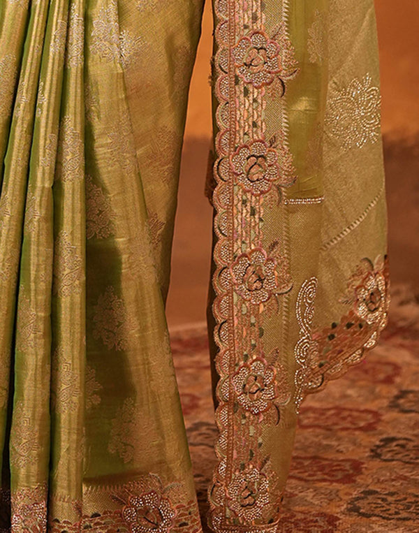Pista Green Silk Woven Embroidery Stone Work Banarasi Saree