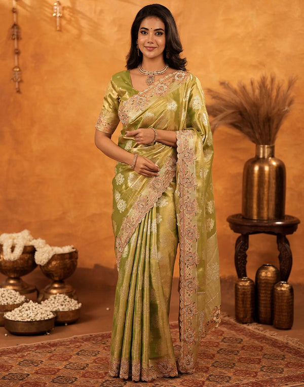 Pista Green Silk Woven Embroidery Stone Work Banarasi Saree