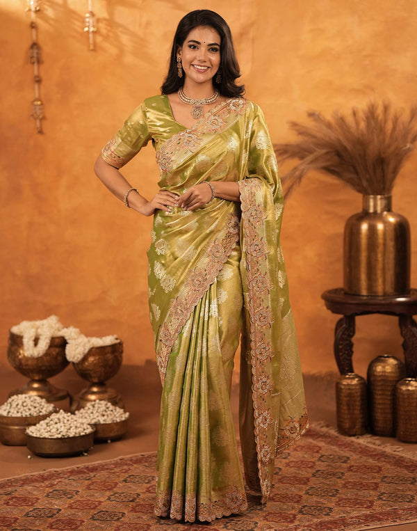 Pista Green Silk Woven Embroidery Stone Work Banarasi Saree