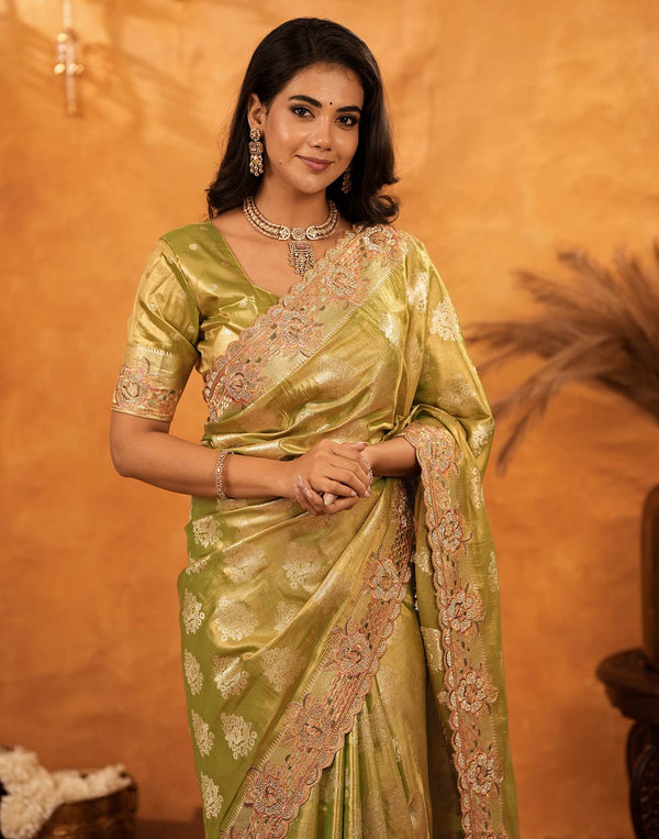 Pista Green Silk Woven Embroidery Stone Work Banarasi Saree