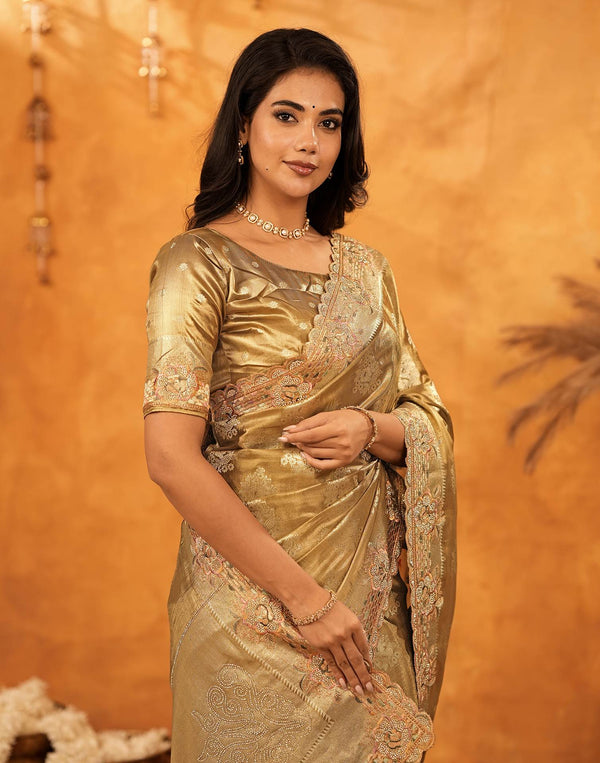 Dark Beige Silk Woven Embroidery Stone Work Banarasi Saree