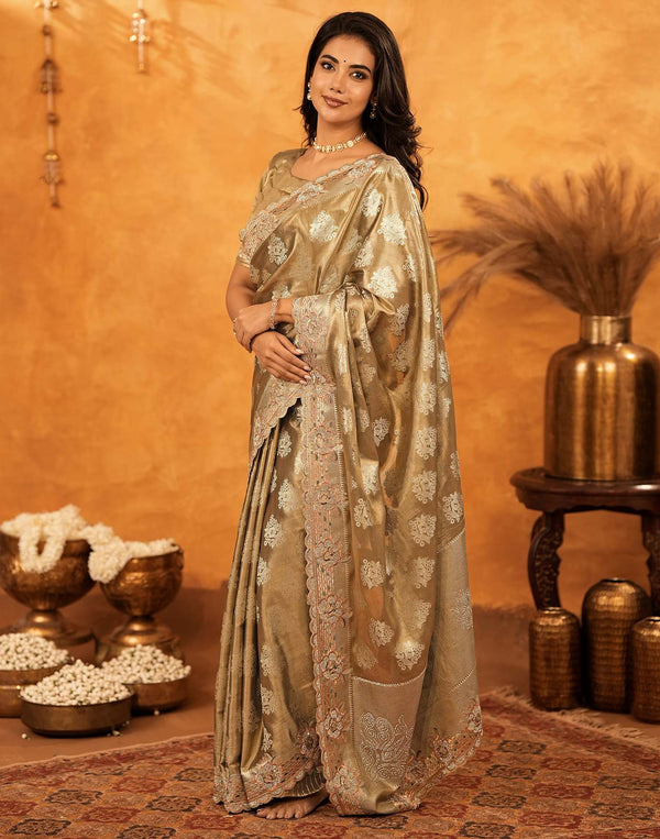 Dark Beige Silk Woven Embroidery Stone Work Banarasi Saree