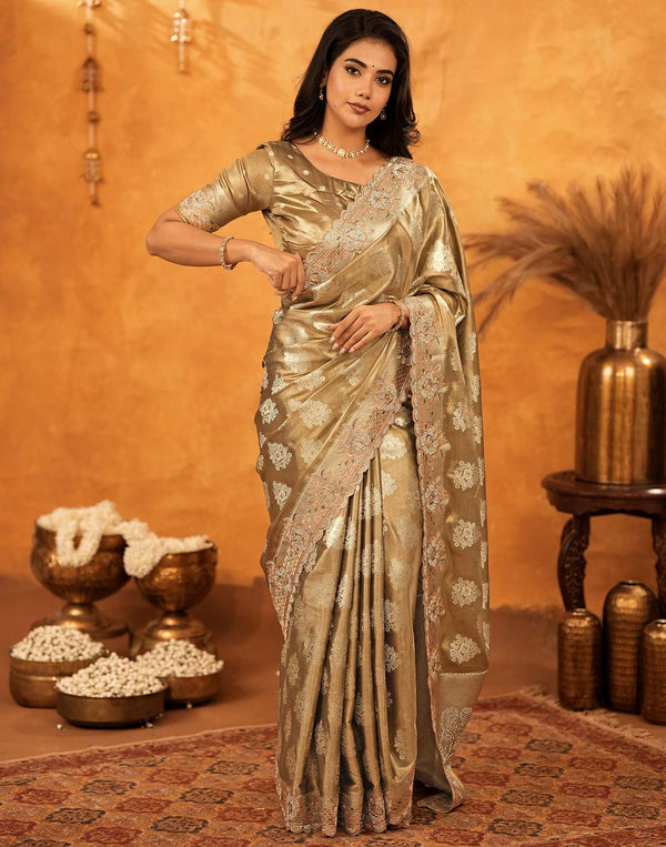 Dark Beige Silk Woven Embroidery Stone Work Banarasi Saree