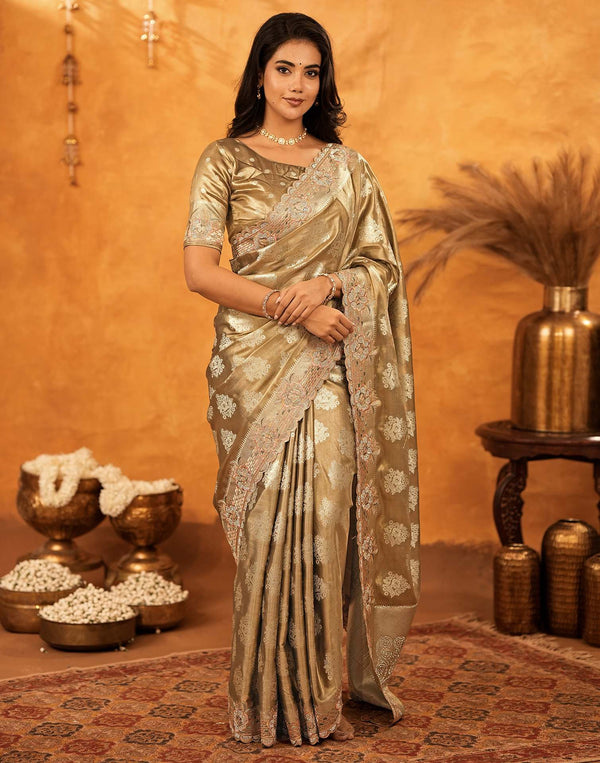 Dark Beige Silk Woven Embroidery Stone Work Banarasi Saree