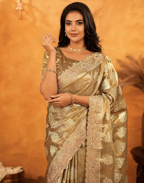 Dark Beige Silk Woven Embroidery Stone Work Banarasi Saree