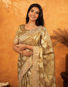 Dark Beige Silk Woven Embroidery Stone Work Banarasi Saree