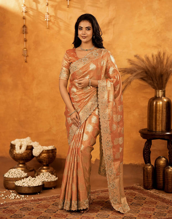 Peach Silk Woven Embroidery Stone Work Banarasi Saree