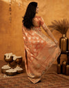 Peach Silk Woven Embroidery Stone Work Banarasi Saree
