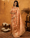 Peach Silk Woven Embroidery Stone Work Banarasi Saree