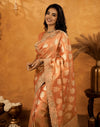 Peach Silk Woven Embroidery Stone Work Banarasi Saree