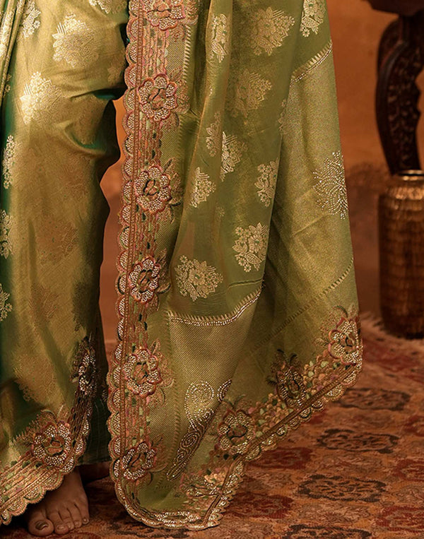 Dark Pista Green Silk Woven Embroidery Stone Work Banarasi Saree