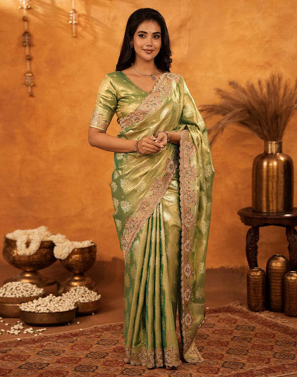 Dark Pista Green Silk Woven Embroidery Stone Work Banarasi Saree