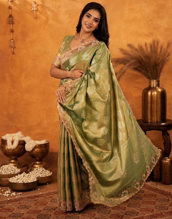 Dark Pista Green Silk Woven Embroidery Stone Work Banarasi Saree