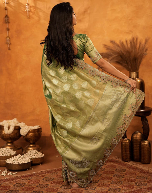 Dark Pista Green Silk Woven Embroidery Stone Work Banarasi Saree