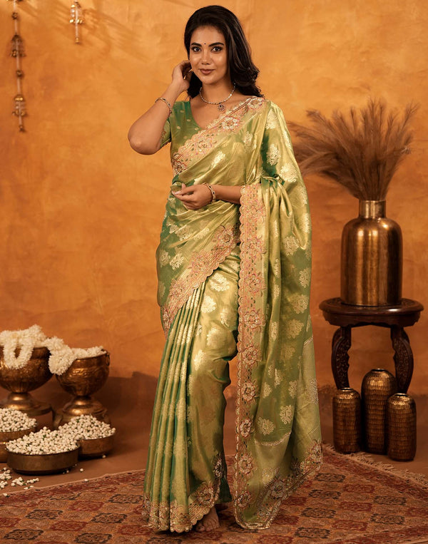 Dark Pista Green Silk Woven Embroidery Stone Work Banarasi Saree