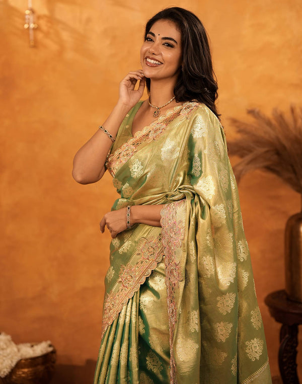 Dark Pista Green Silk Woven Embroidery Stone Work Banarasi Saree
