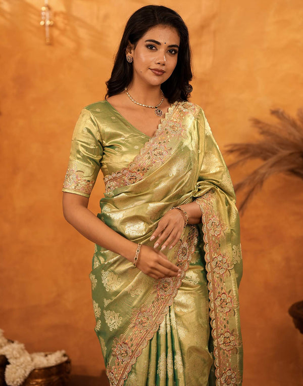 Dark Pista Green Silk Woven Embroidery Stone Work Banarasi Saree