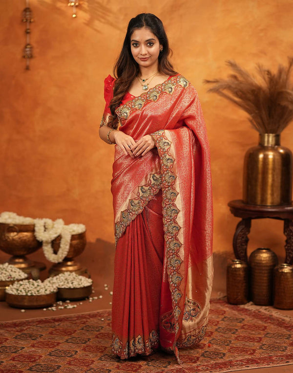Red Silk Woven Embroidery Stone Work Banarasi Saree