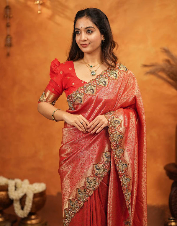 Red Silk Woven Embroidery Stone Work Banarasi Saree