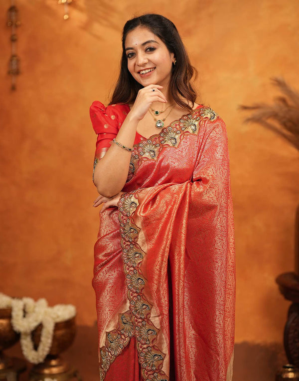 Red Silk Woven Embroidery Stone Work Banarasi Saree