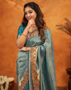 Dark Teal Blue Silk Woven Embroidery Stone Work Banarasi Saree