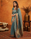 Dark Teal Blue Silk Woven Embroidery Stone Work Banarasi Saree