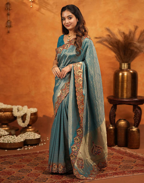 Dark Teal Blue Silk Woven Embroidery Stone Work Banarasi Saree