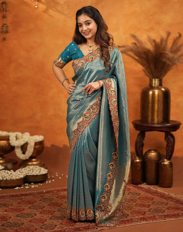 Dark Teal Blue Silk Woven Embroidery Stone Work Banarasi Saree