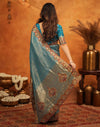 Dark Teal Blue Silk Woven Embroidery Stone Work Banarasi Saree