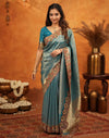 Dark Teal Blue Silk Woven Embroidery Stone Work Banarasi Saree