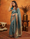 Dark Teal Blue Silk Woven Embroidery Stone Work Banarasi Saree