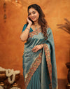 Dark Teal Blue Silk Woven Embroidery Stone Work Banarasi Saree