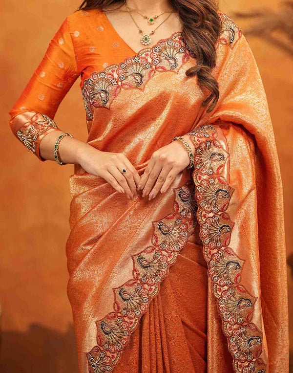 Orange Silk Woven Embroidery Stone Work Banarasi Saree