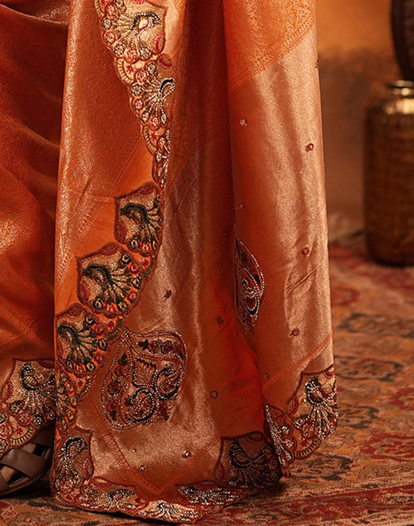 Orange Silk Woven Embroidery Stone Work Banarasi Saree