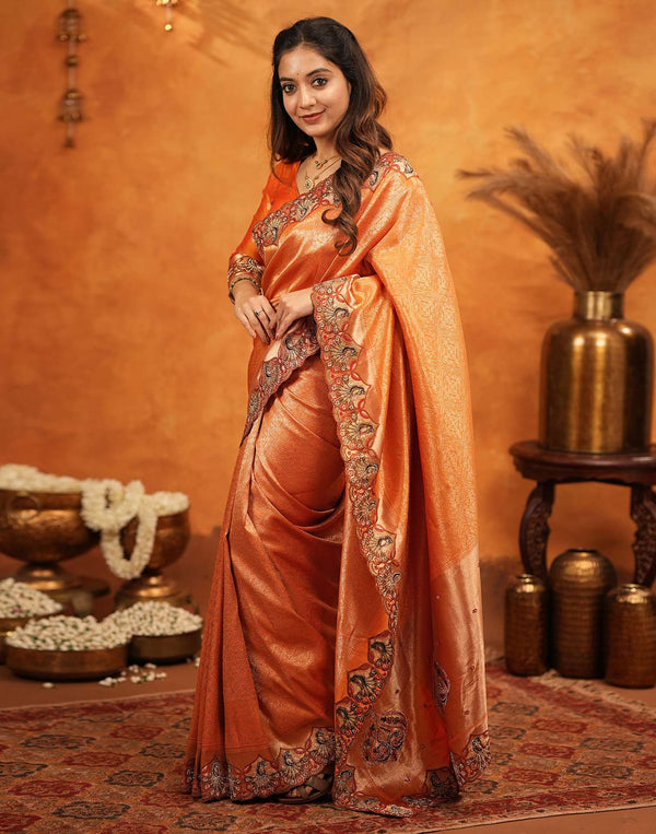 Orange Silk Woven Embroidery Stone Work Banarasi Saree