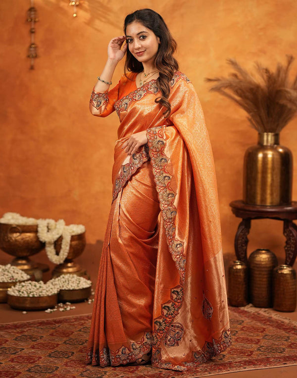 Orange Silk Woven Embroidery Stone Work Banarasi Saree