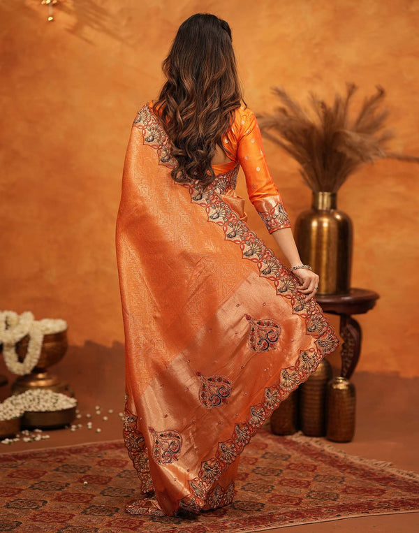 Orange Silk Woven Embroidery Stone Work Banarasi Saree