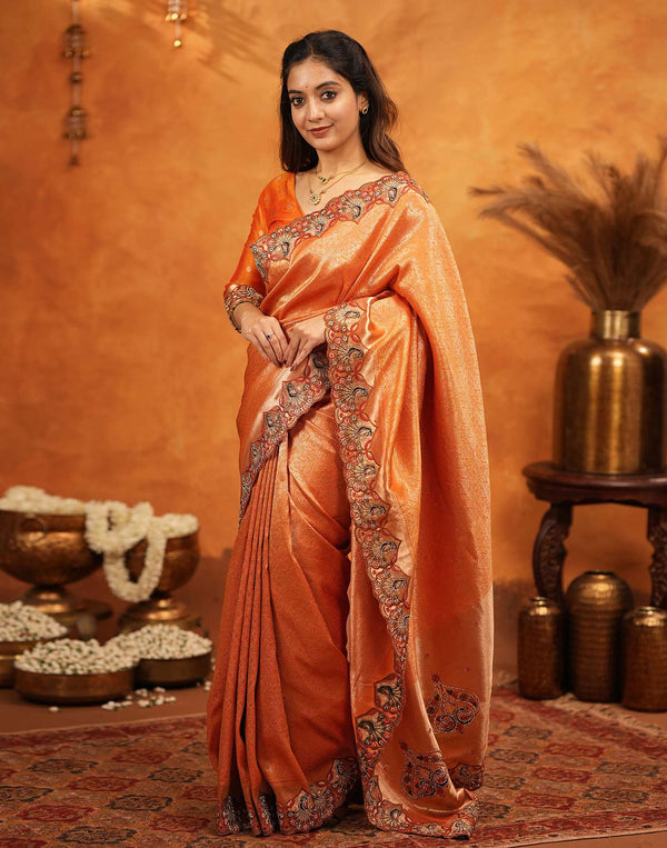 Orange Silk Woven Embroidery Stone Work Banarasi Saree