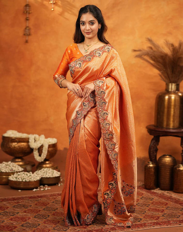 Orange Silk Woven Embroidery Stone Work Banarasi Saree