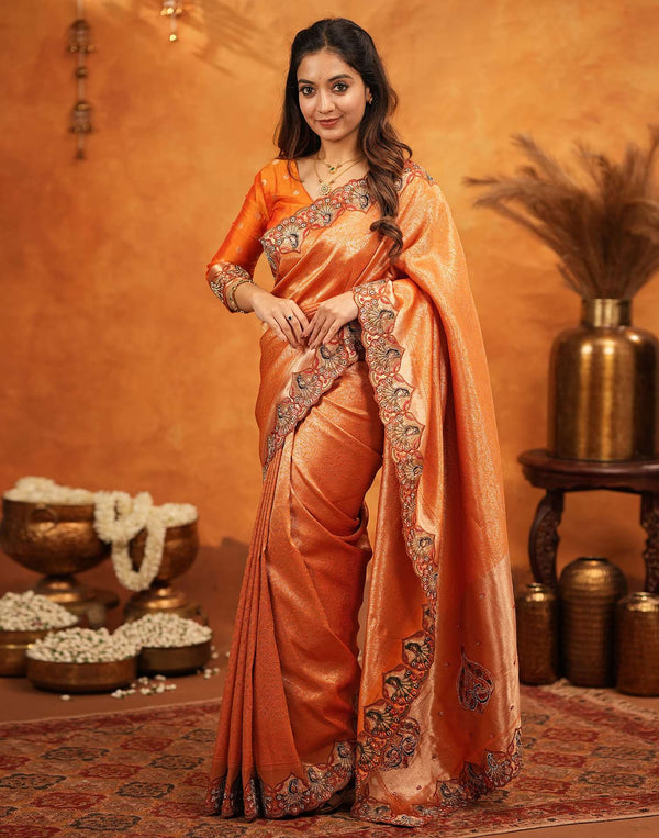 Orange Silk Woven Embroidery Stone Work Banarasi Saree