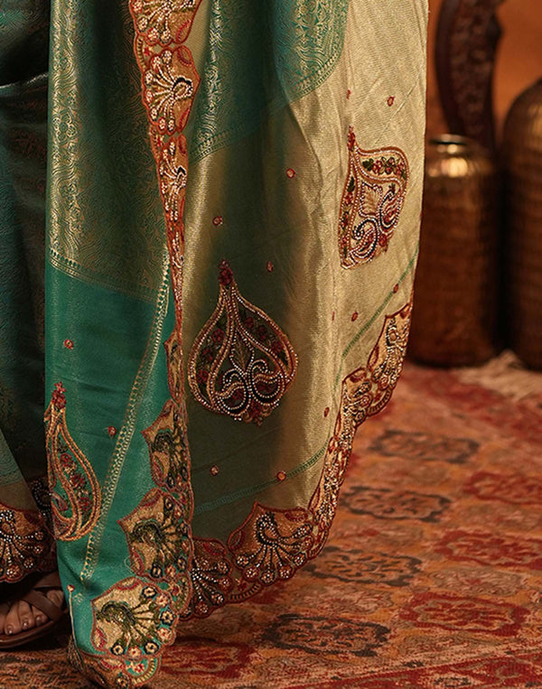 Teal Green Silk Woven Embroidery Stone Work Banarasi Saree