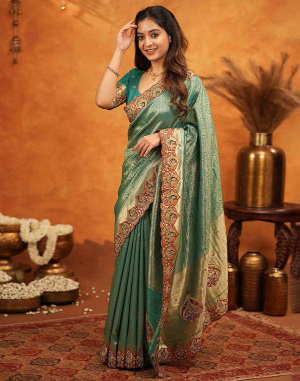 Teal Green Silk Woven Embroidery Stone Work Banarasi Saree