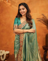 Teal Green Silk Woven Embroidery Stone Work Banarasi Saree