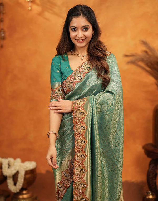 Teal Green Silk Woven Embroidery Stone Work Banarasi Saree